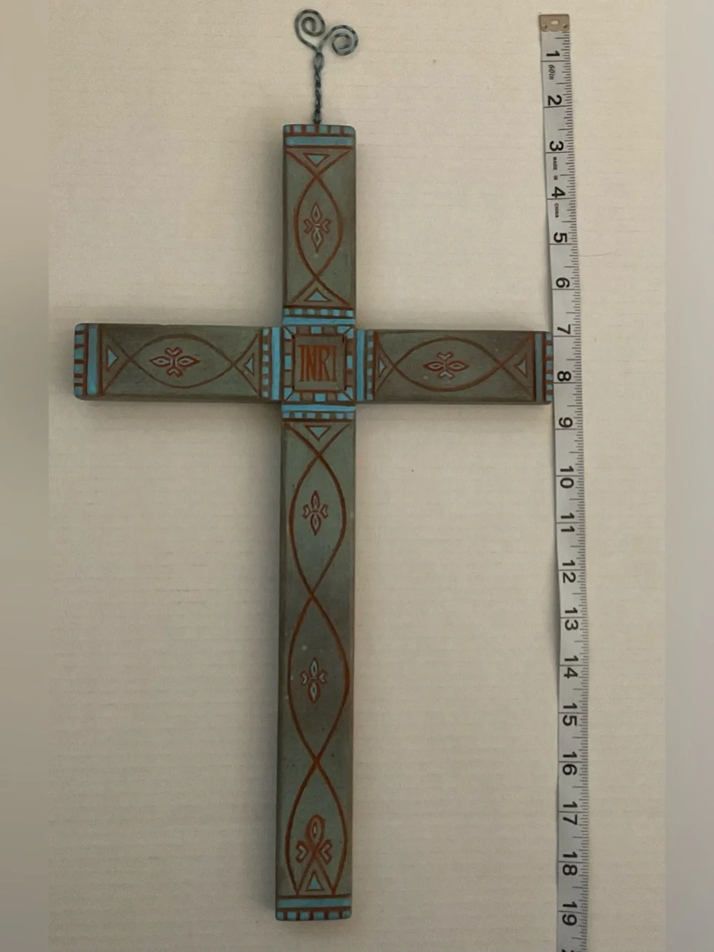 Handmade Decorative Wooden Painted Carved Wall CrossTeal and Rust -INRI Accent